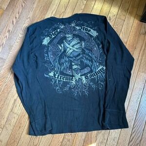 Y2K Affliction Style Thermal‎ Skull Shirt